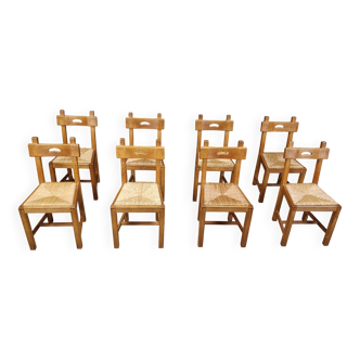 Chaises brutalistes vintage en chêne et osier, années 1960 - lot de 8