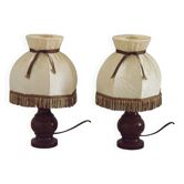 Pair Of French Mid Century Round Turned Wood Table Lamps Fringed Shades