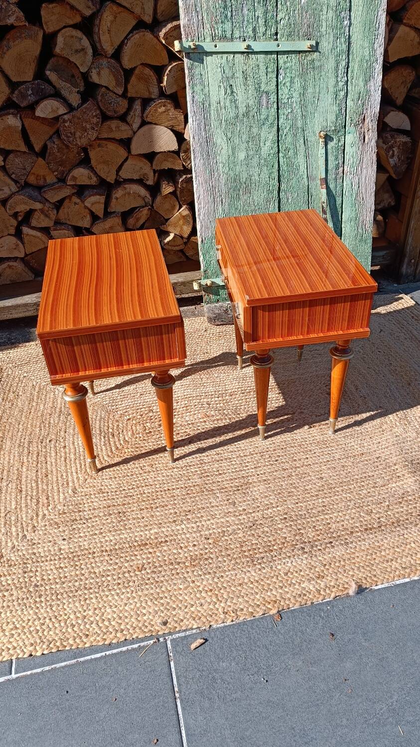Pair of cherry wood marquetry bedside tables