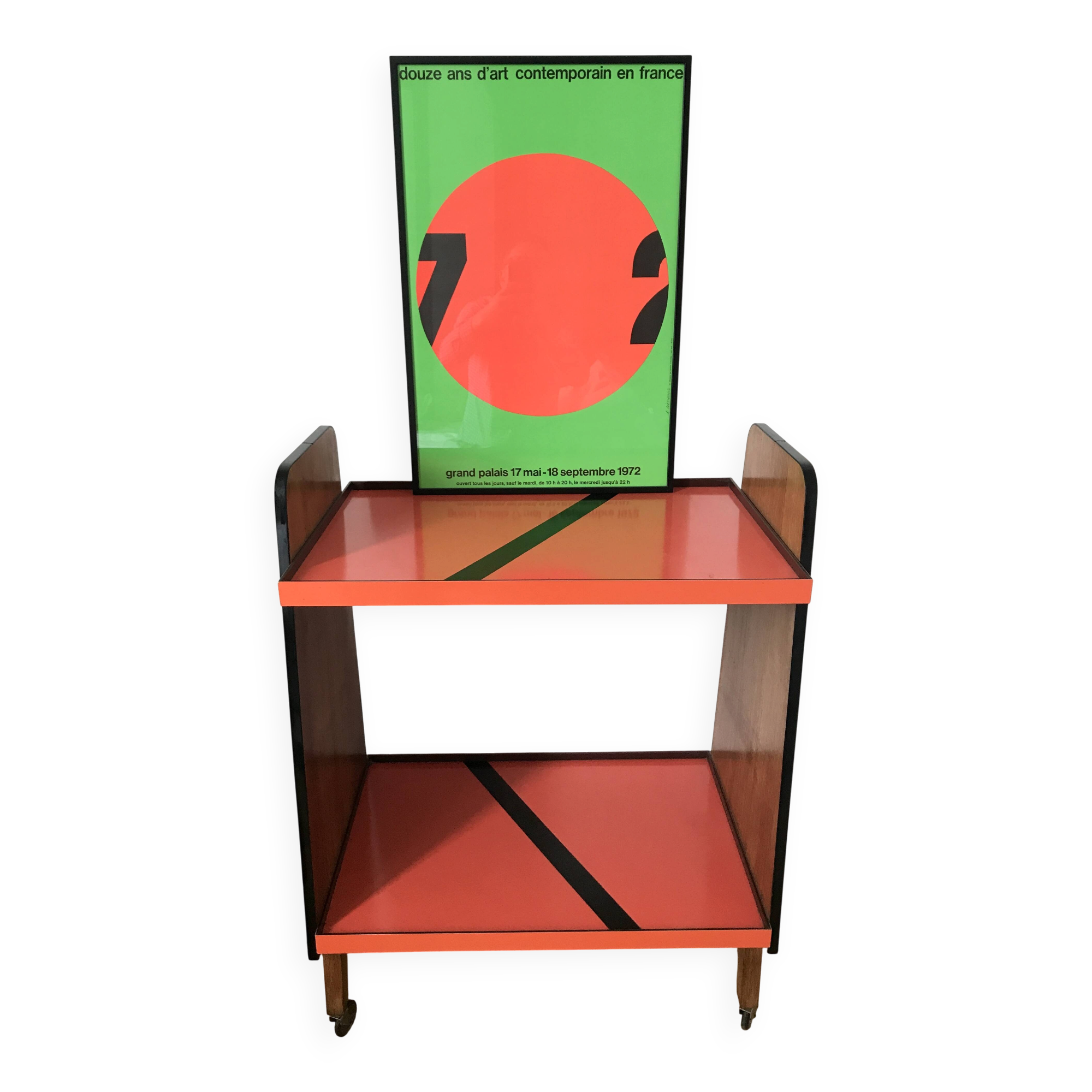 Desserte vintage orange, pieds en équerre et montants bois, années 60
