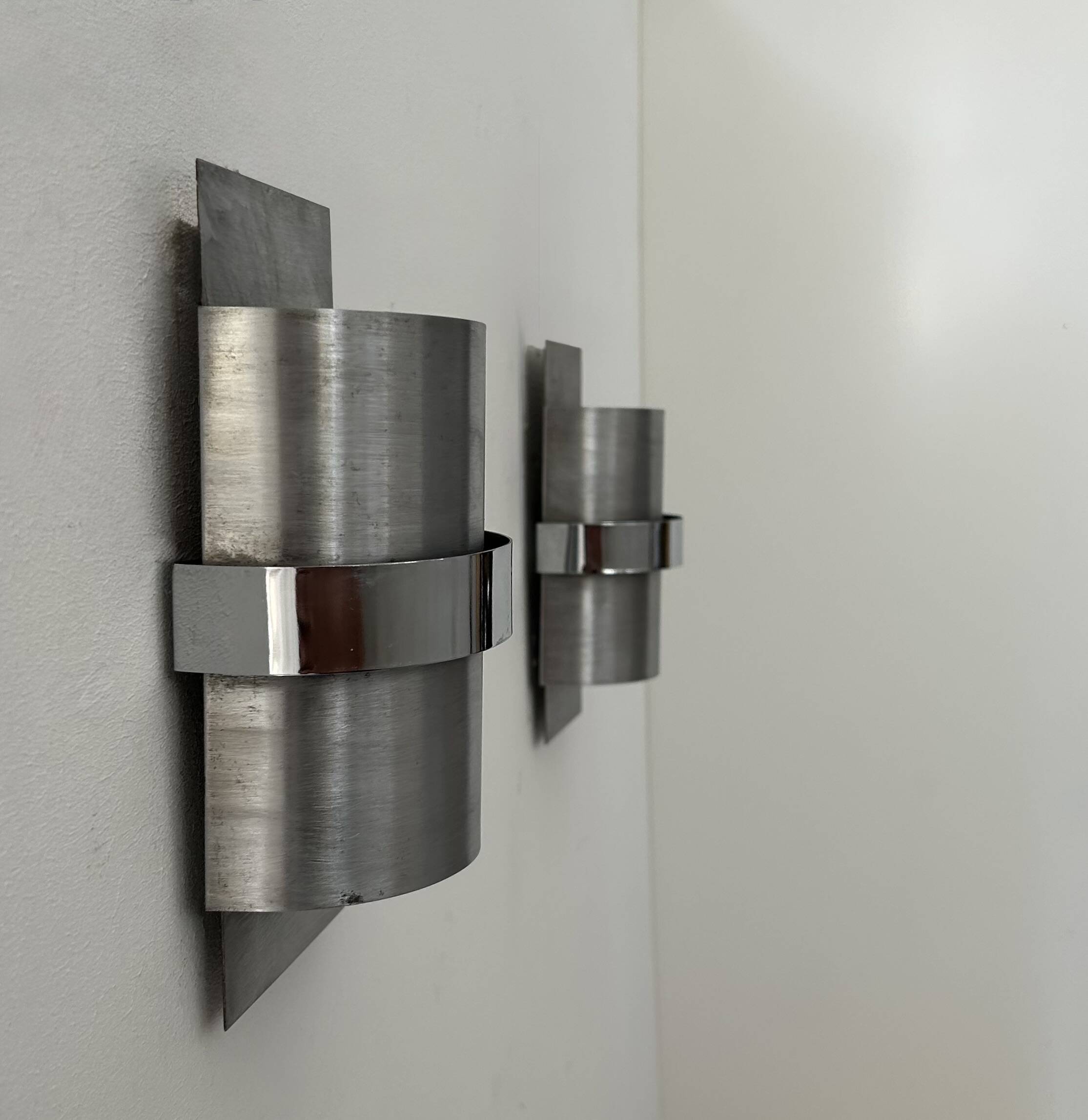 Pair of vintage wall lights, brushed metal and chrome, France 1970