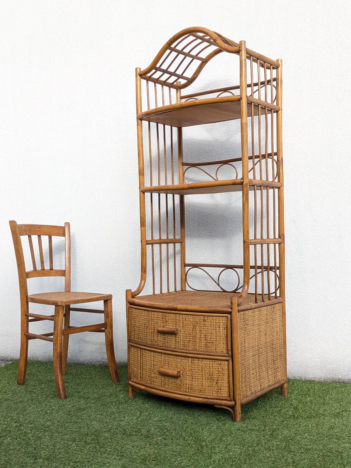 Vintage 1960s Rattan Bamboo Bookcase Shelf Buffet