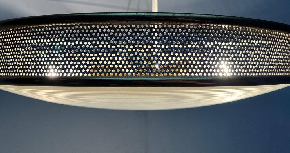 Metal ceiling pendant lamp, made of glass and metal, German mid-century modern style, 1960s.