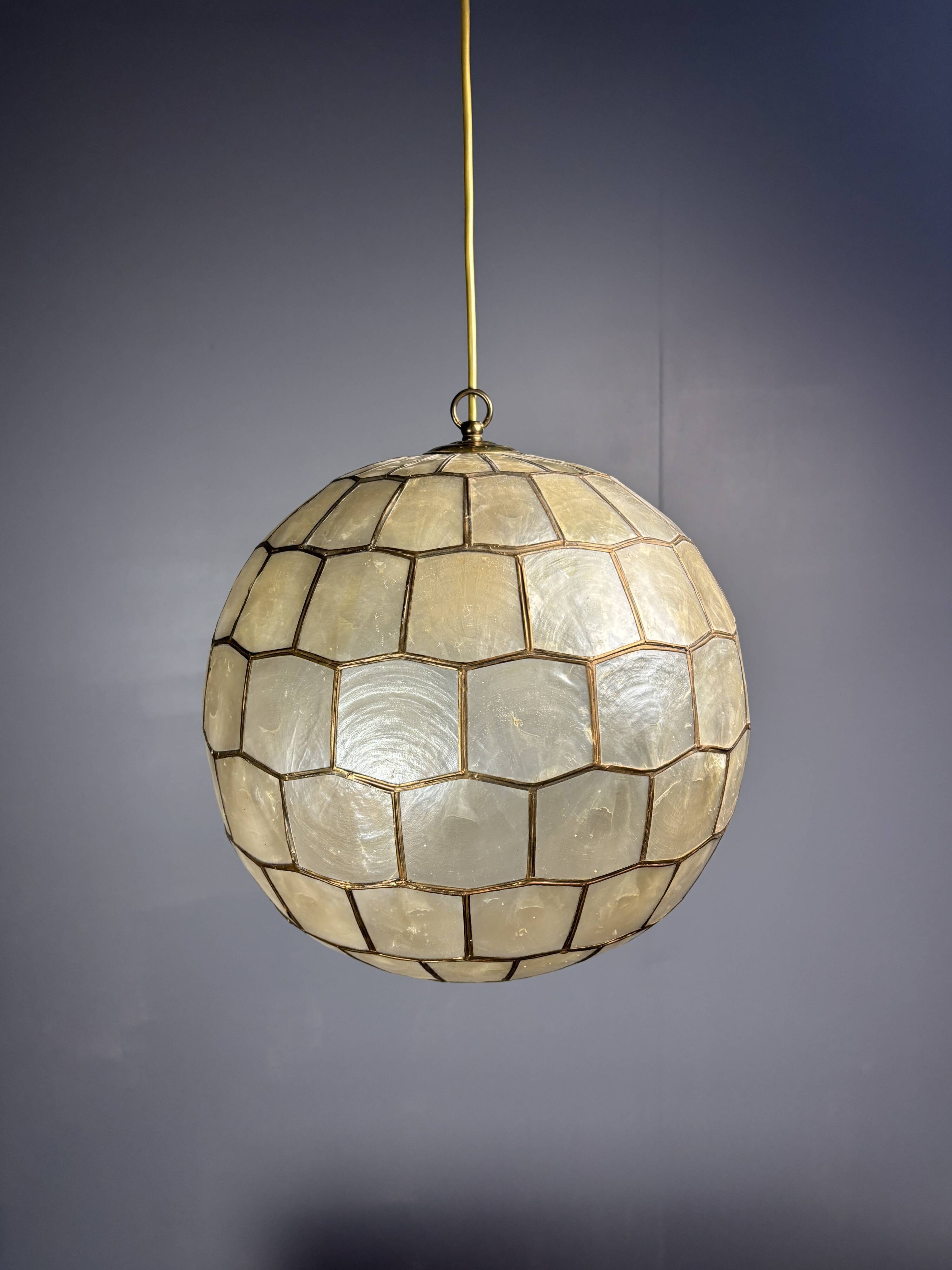 Midcentury mother of pearl Capiz shell & brass sphere large pendant, 1960s