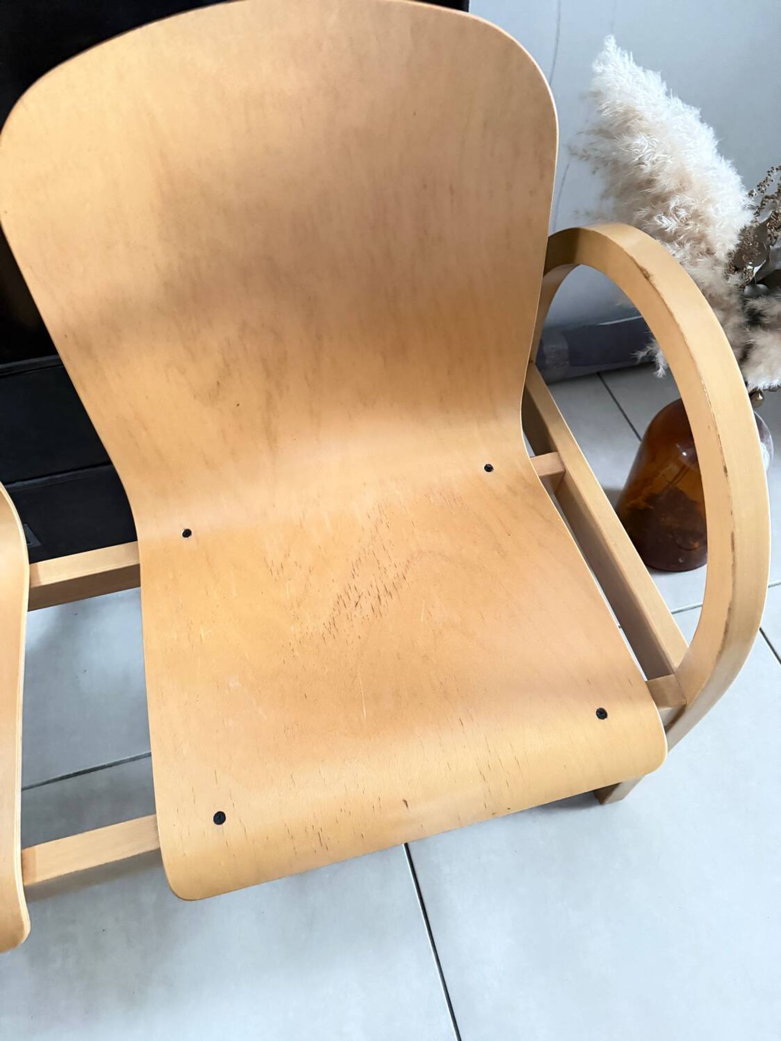 Vintage blonde wood two-seater bench by Baumann