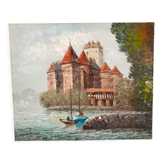 Tableau huile sur toile chateau signé vintage