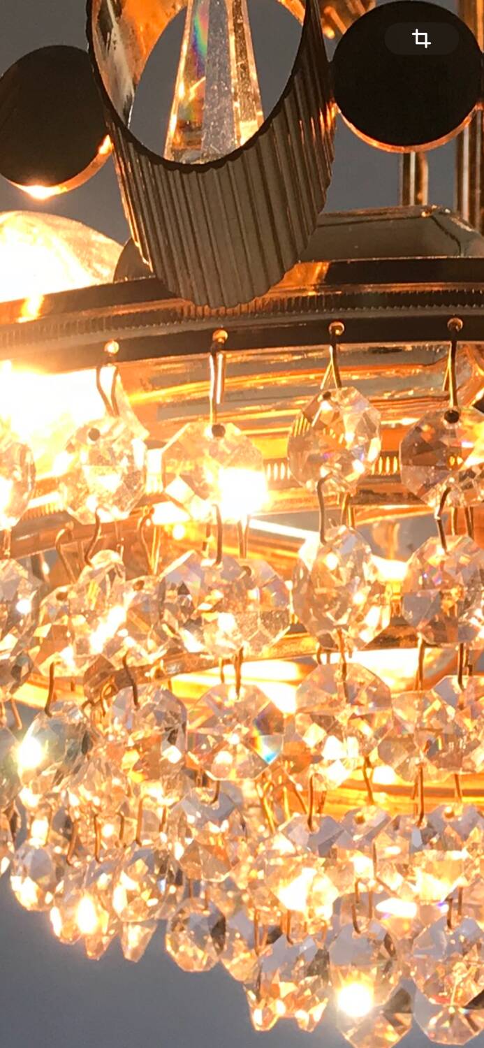 Hollywood Regency style brass and crystal chandelier by Palwa