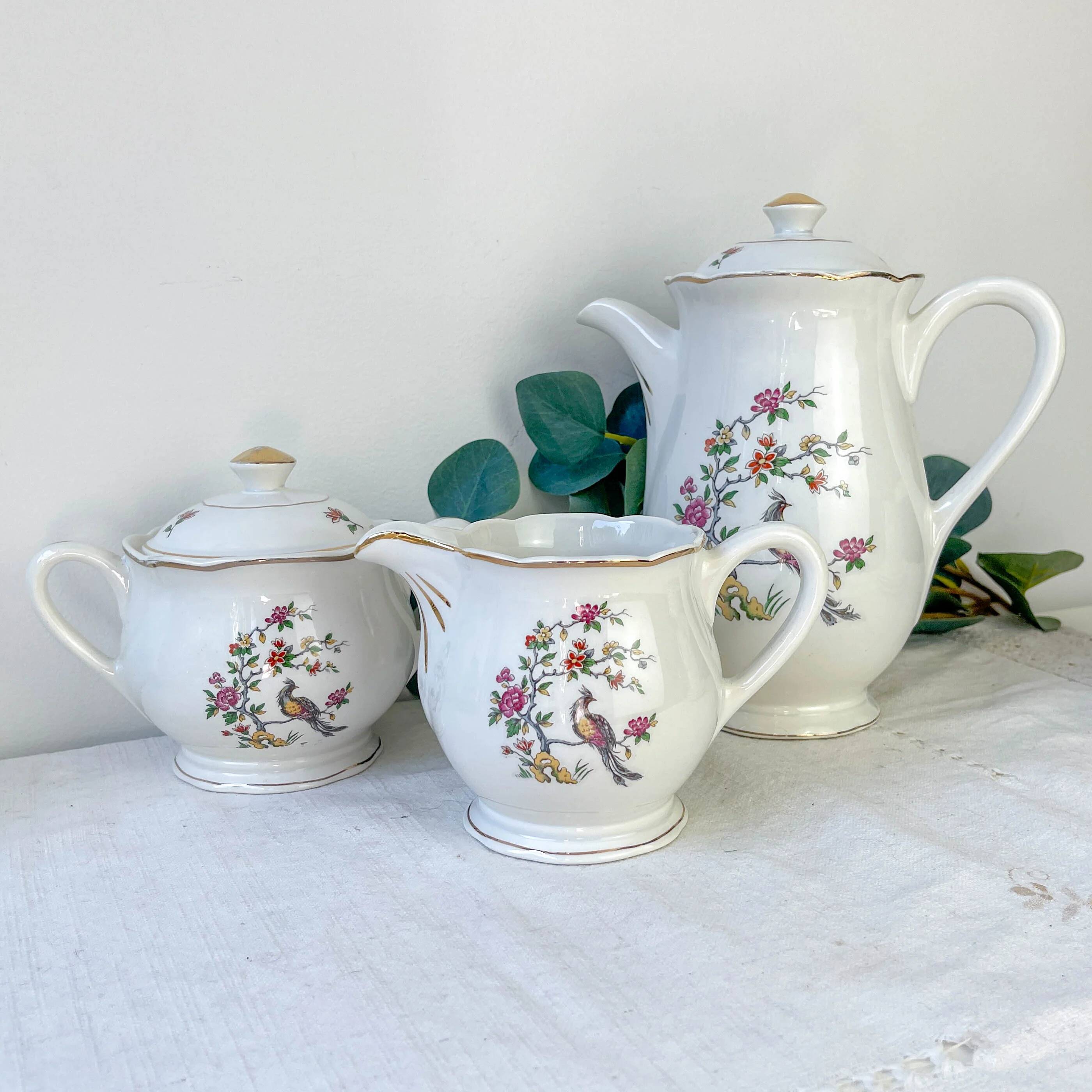 Service à thé vintage Digoin Sarreguemines – Modèle Corde – Motif Oiseau de Paradis