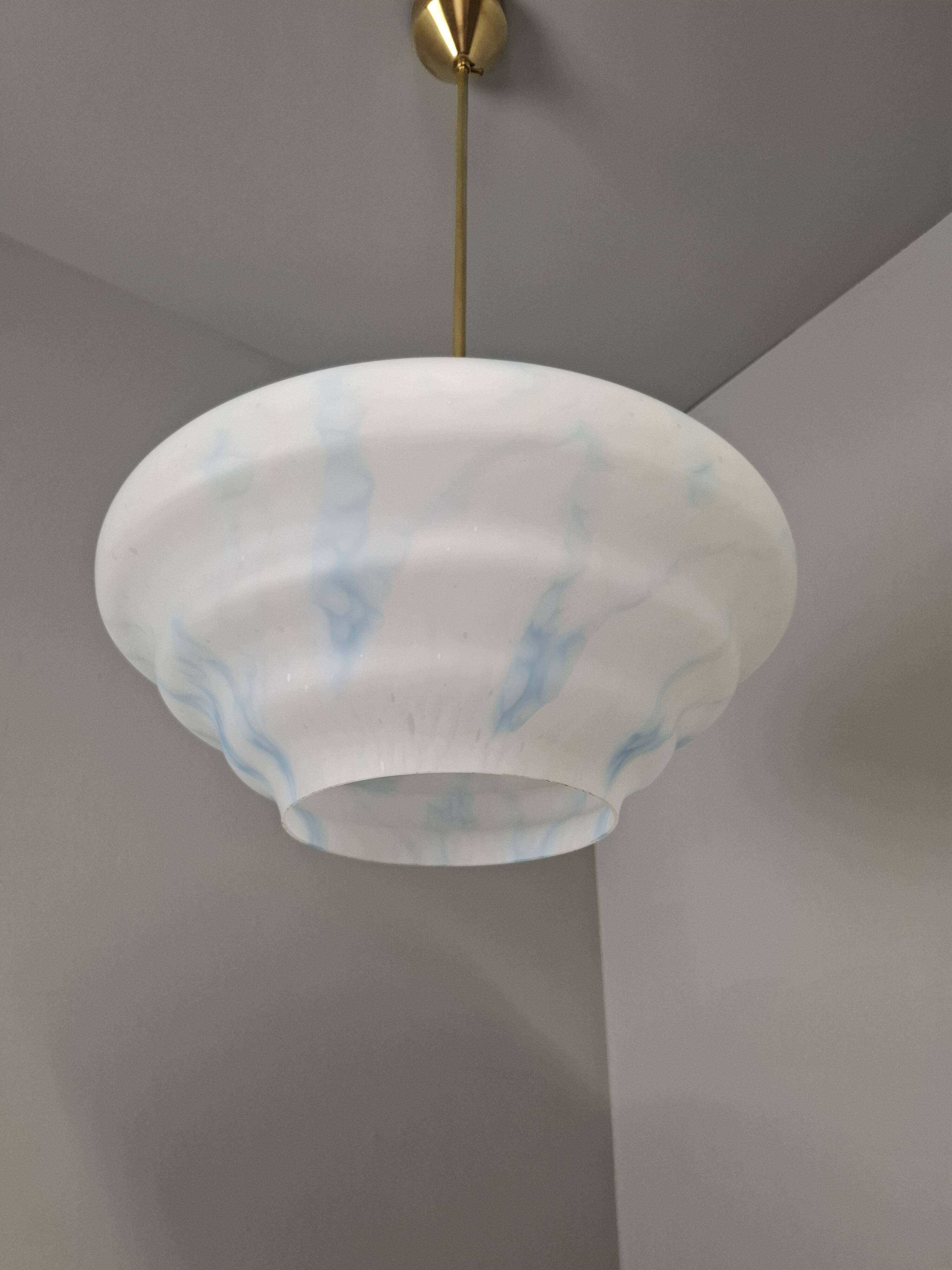 Napako Midcentury Modern Pendant Lamp in Opaline Glass and Brass, Czechoslovakia