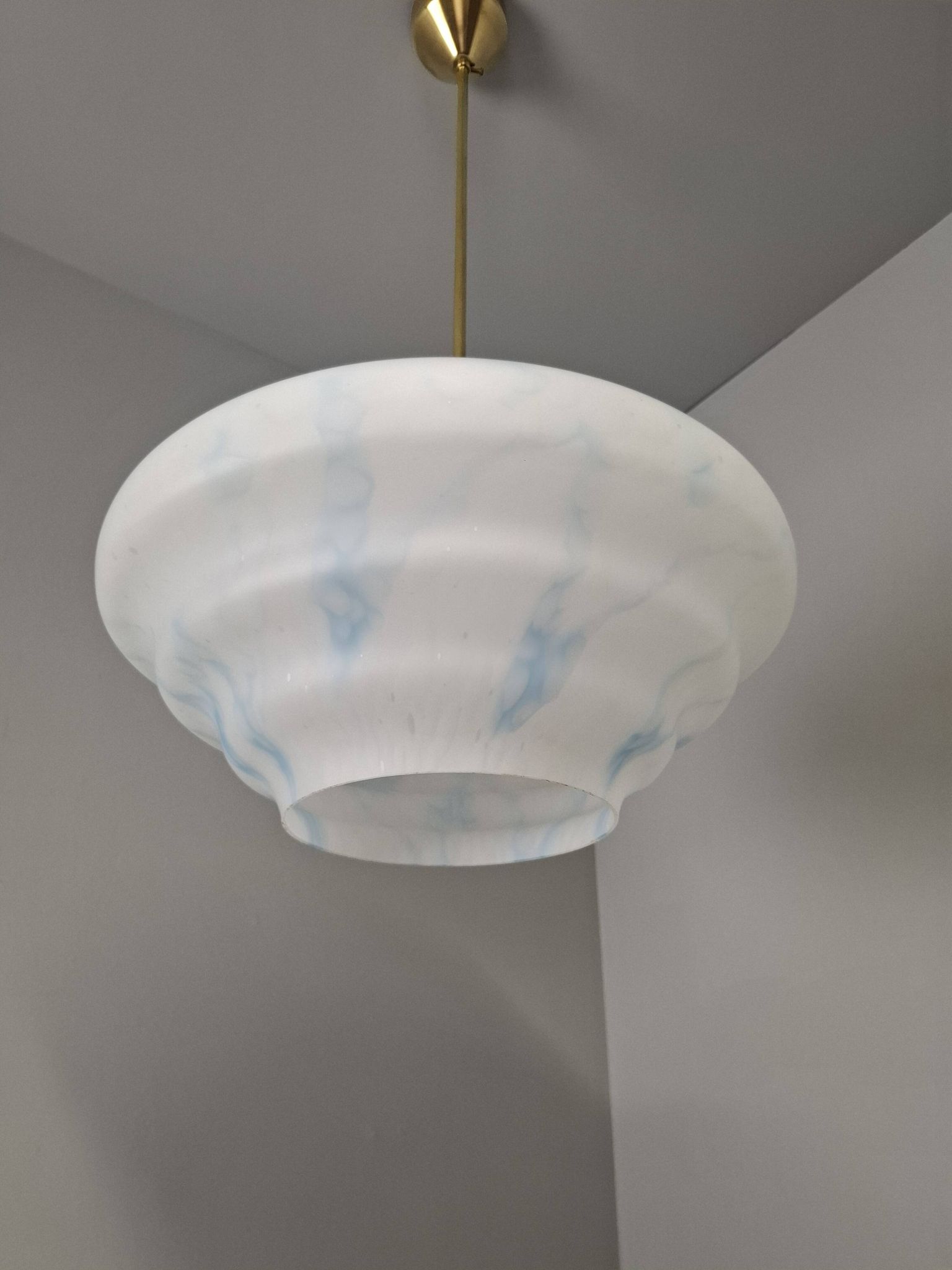 Napako Midcentury Modern Pendant Lamp in Opaline Glass and Brass, Czechoslovakia