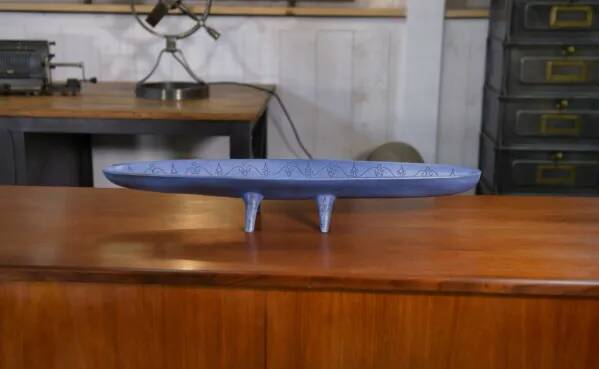 Long blue ceramic signed Atelier Mornac 1950s