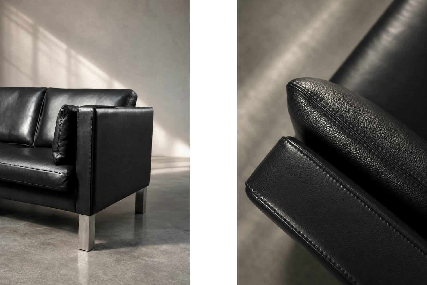 Vintage Mid-Century Danish Modern Two-Seater Black Leather Sofa, 1970s