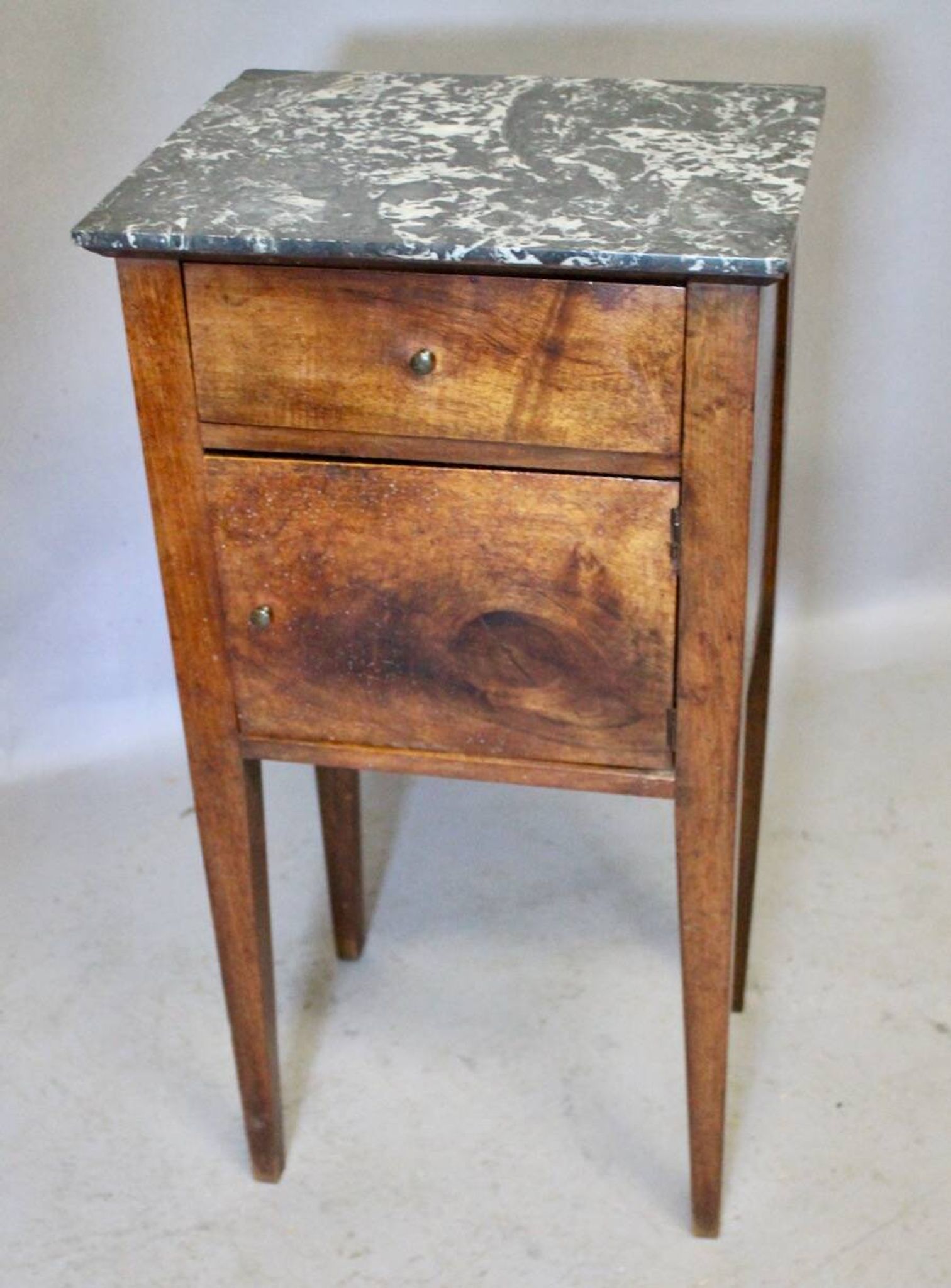 Directoire bedside table in walnut with marble top.