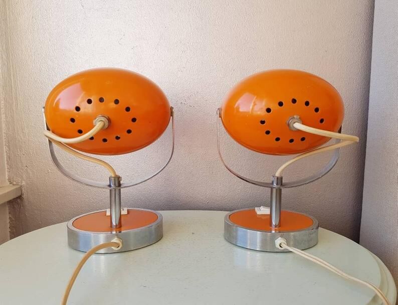 Pair of orange eye table lamps from the 70s space age