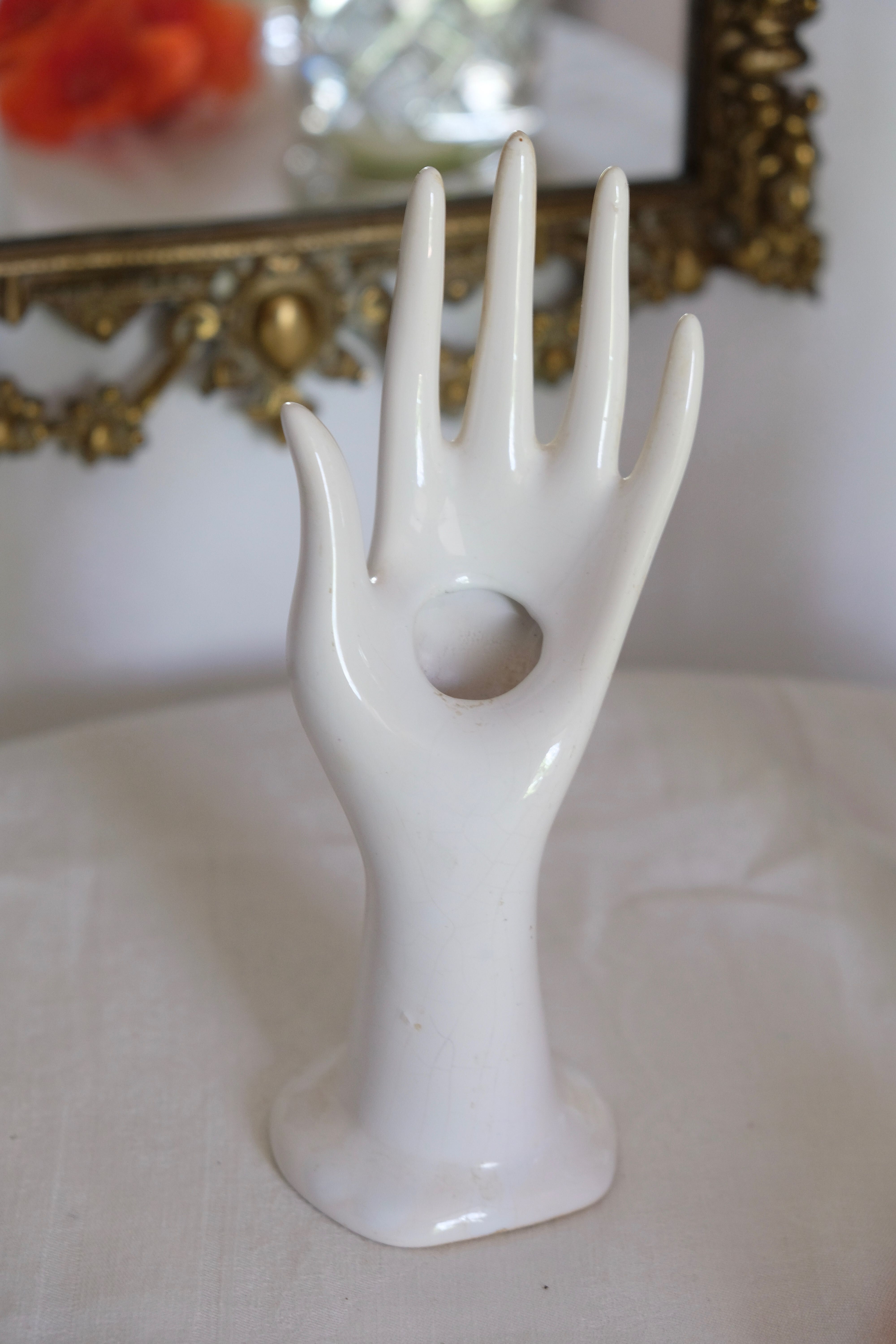 Hand baguier jewelry display or white porcelain vase 70s Vallauris