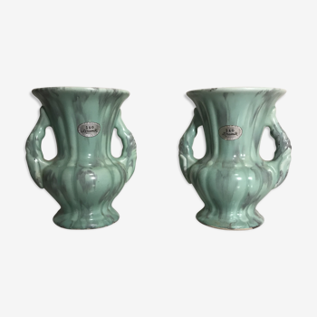 Paire de vase ancien Sg Keramik anse céramique coulure verte & grise vintage