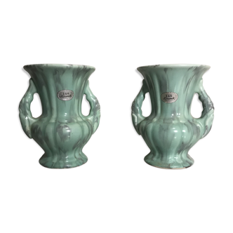 Paire de vase ancien Sg Keramik anse céramique coulure verte & grise vintage