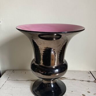 Large Medici vase in metallic ceramic, pink interior