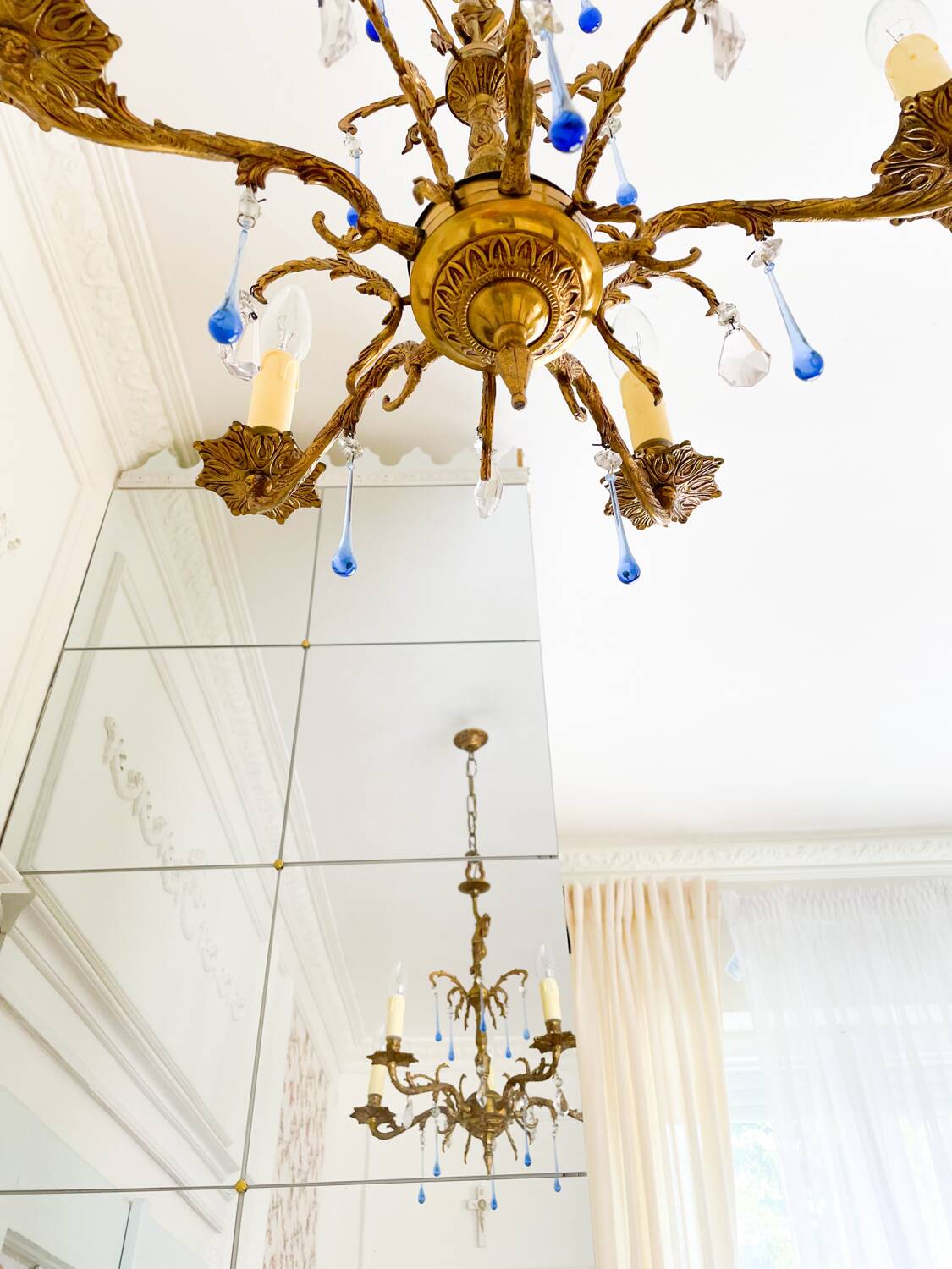 Élégant lustre vintage en bronze avec pampilles Murano bleu saphir – 5