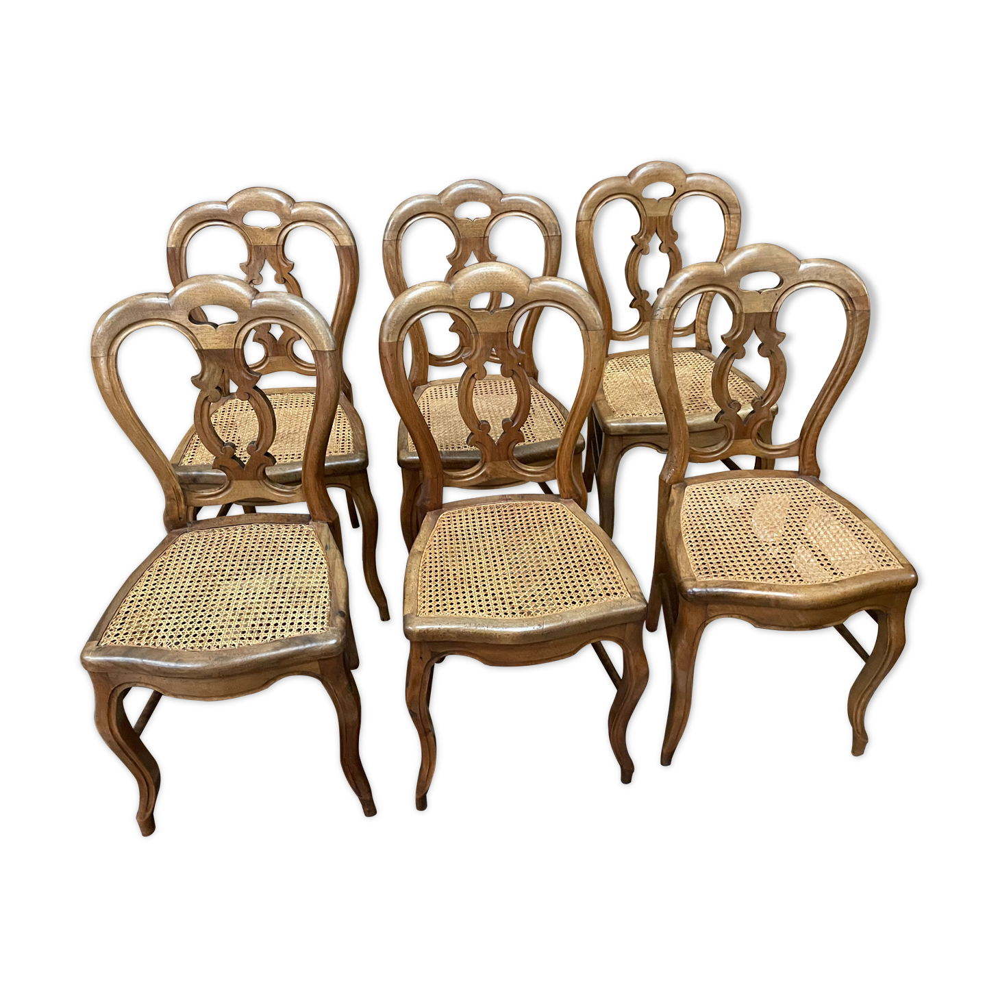 Suite of 6 Louis Philippe chairs in walnut and cannage