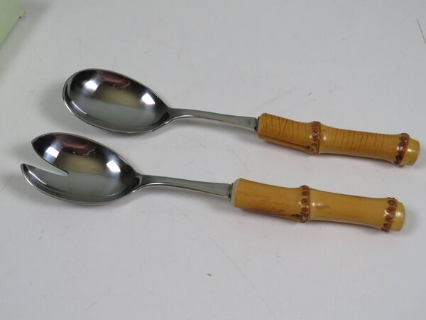 Service à salade vintage Solingen en acier inoxydable et bambou – Allemagne