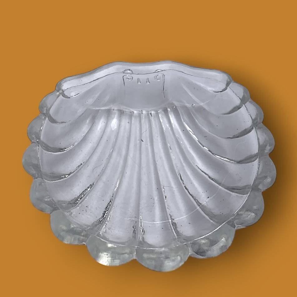 Vintage stainless steel and glass shell butter dish with knife