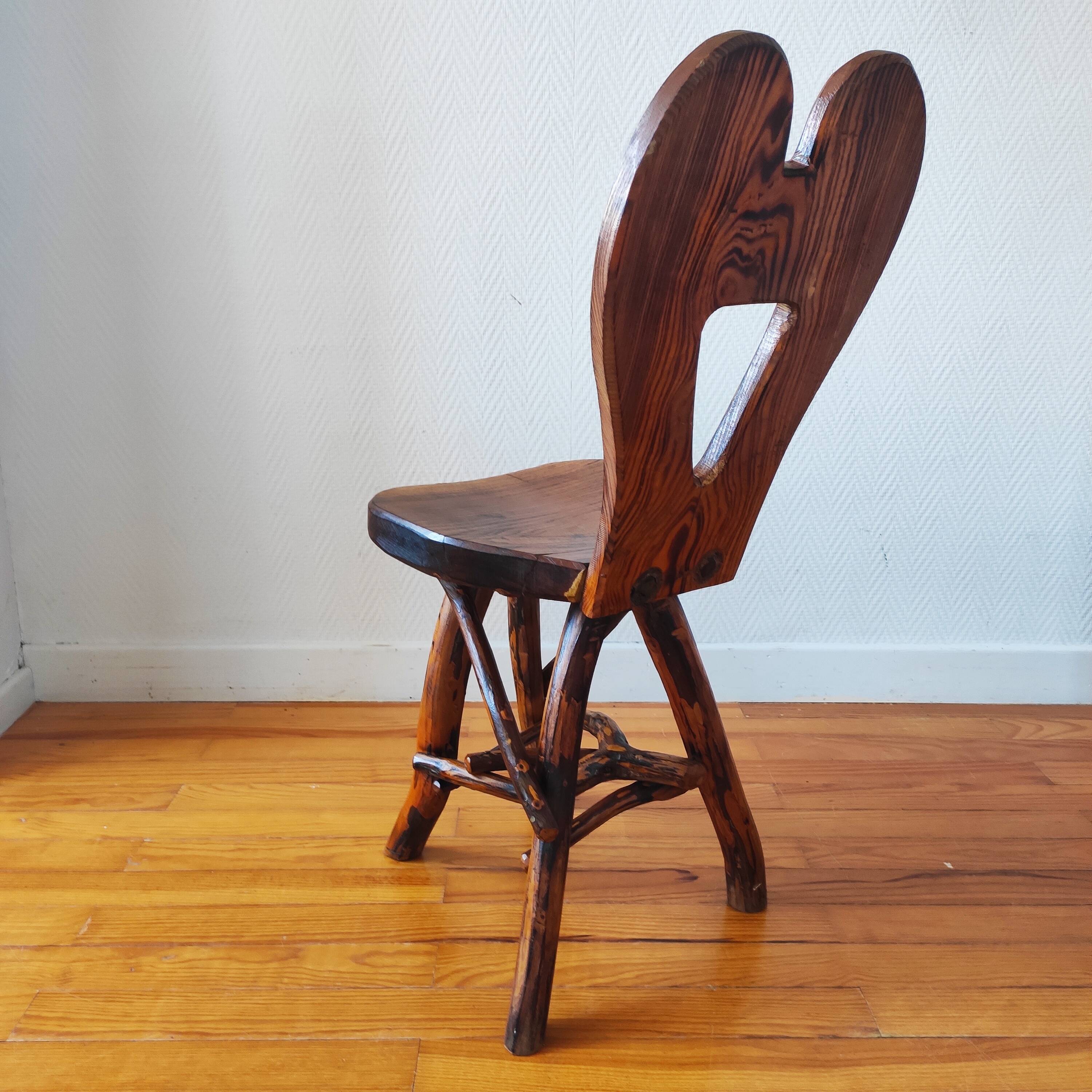 Vintage solid wood chair, popular art, brutalist style, 1950s, heart-shaped backrest.
