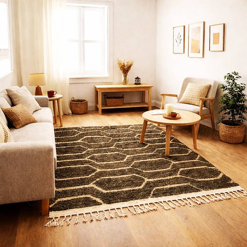 Green Boujad rug with a hexagonal pattern.