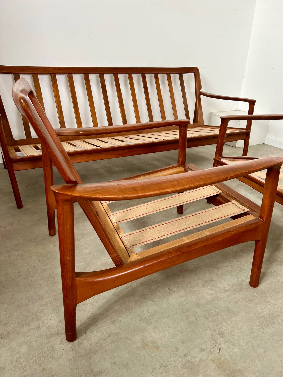 Living room set sofa armchair coffee table Scandinavian design 60s Swedish vintage teak