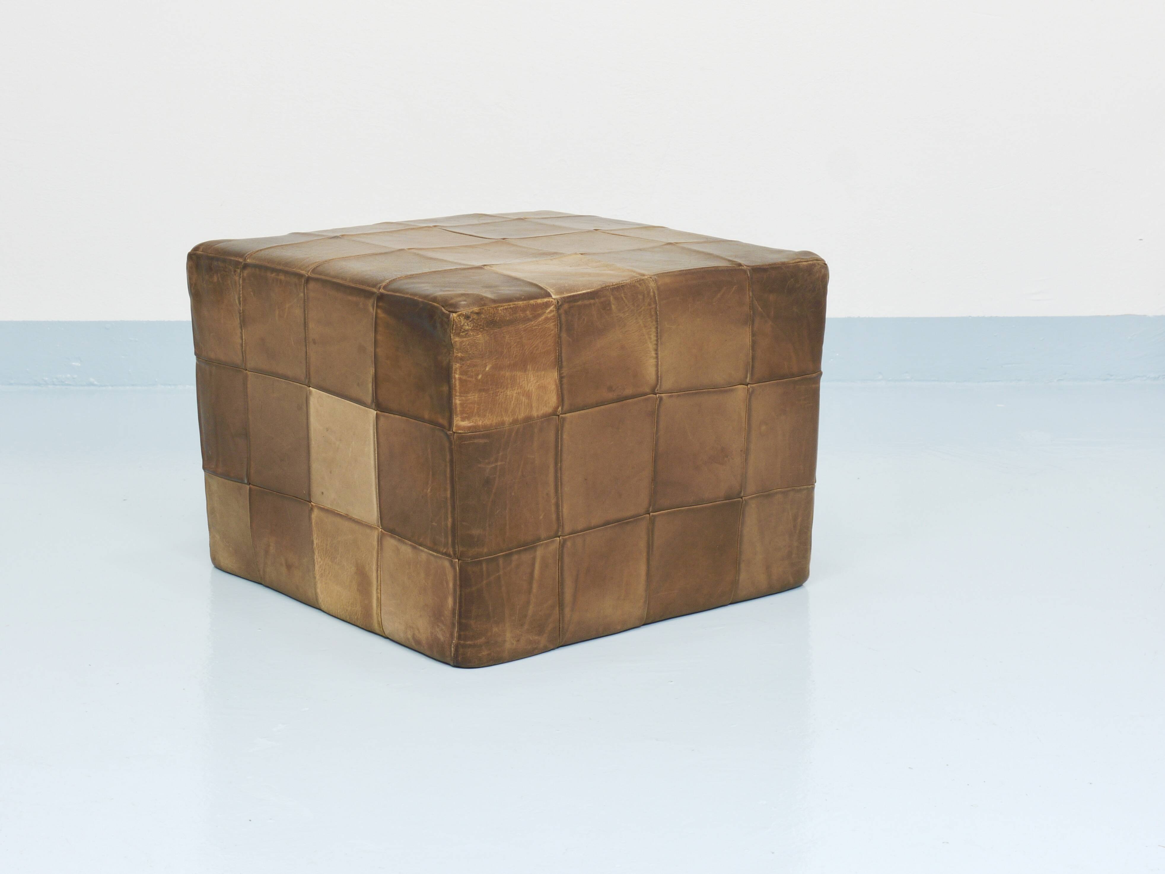 De Sede Patchwork Leather Cube Stool, Pouf, Ottoman, Switzerland, 1970s