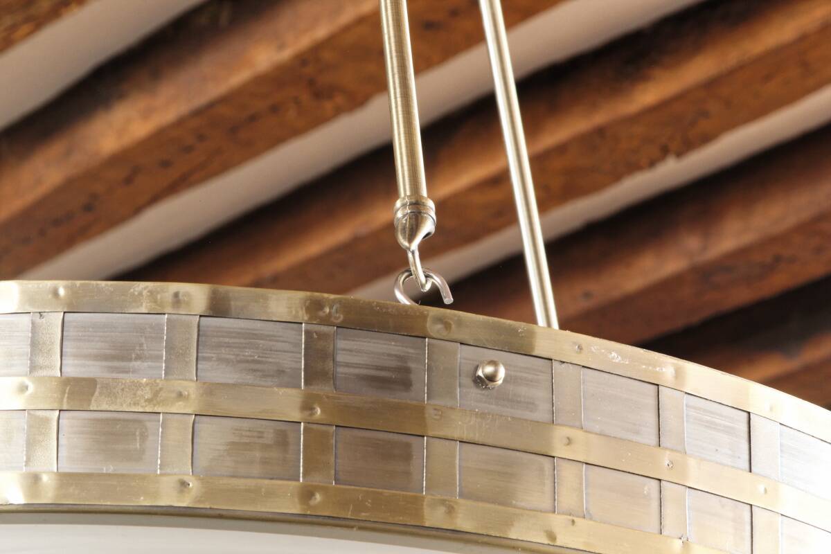 Large suspension art deco style, glass, aged brass finish.