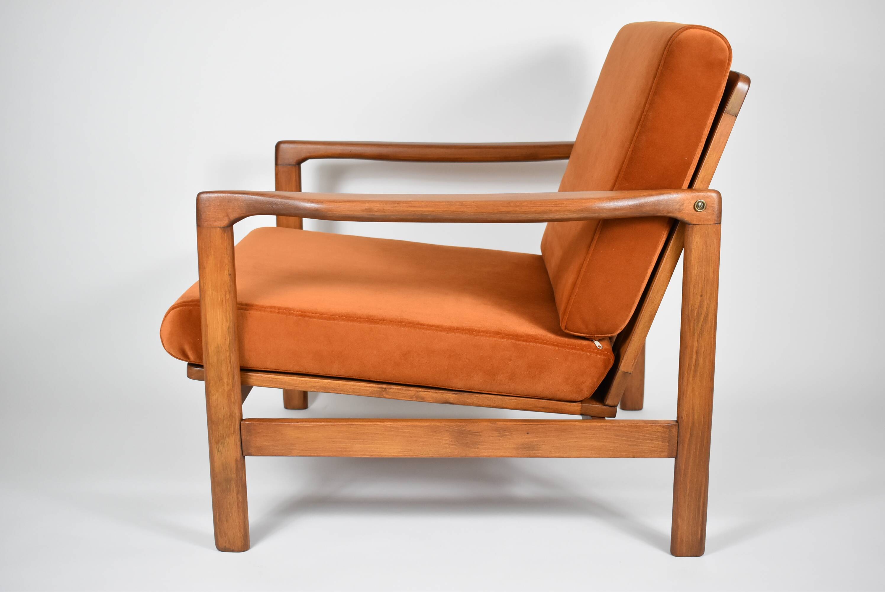 Fauteuil scandinave d'origine restauré, années 60, rouille, velours