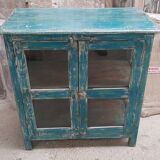 Ancien vaisselier en teck birman patine bleue-blanche d'origine