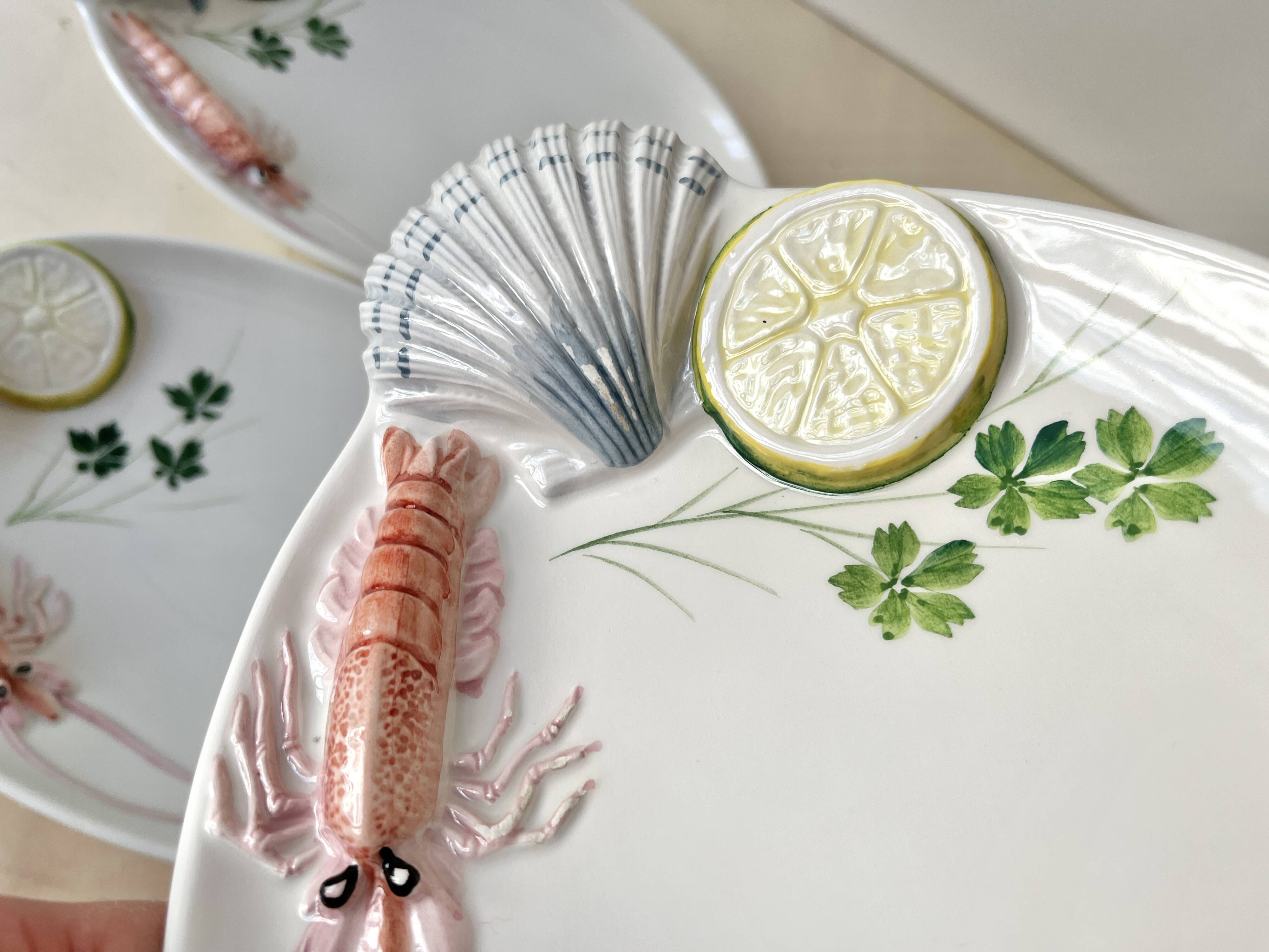 Vintage Italian majolica plates, seafood plates.