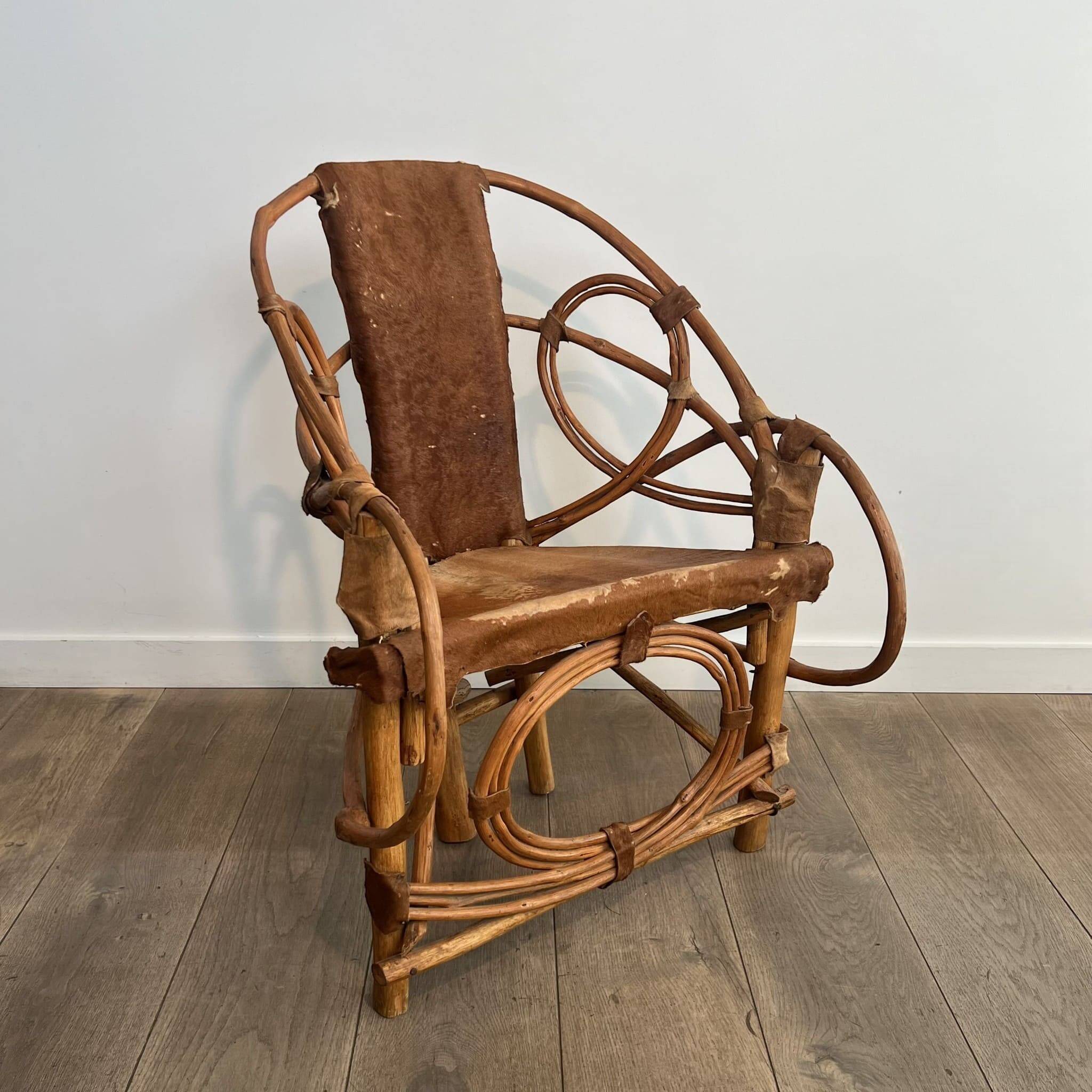 Organic Modernist Armchair in Rattan and Cowhide, Italian Work, A