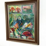 Swedish Oil on Canvas – “Interior with Figures” by Erik Lo  (1914–2004