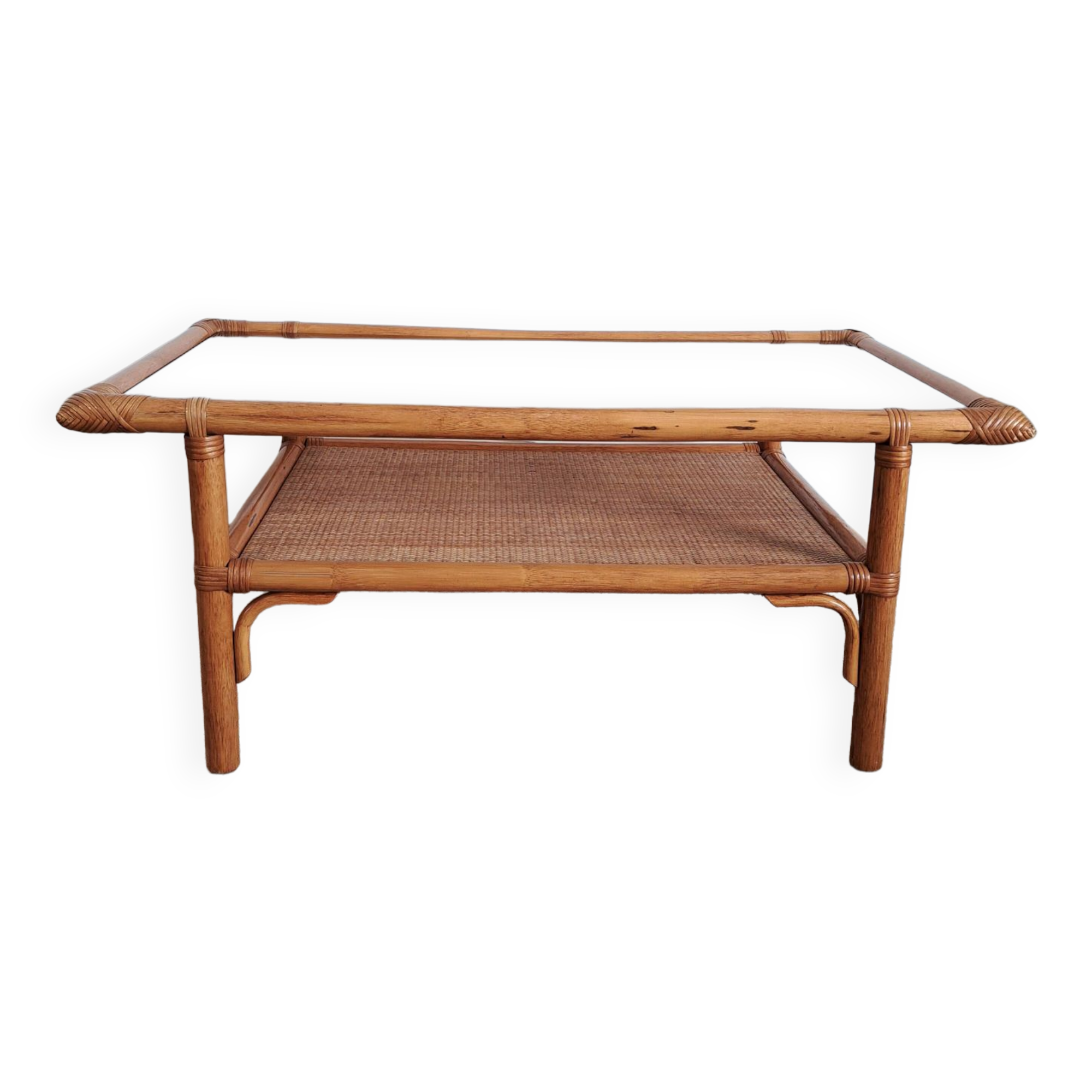Vintage rectangular rattan and bamboo coffee table