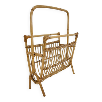 1970s Bamboo & Rattan Magazine Holder, Czechoslovakia