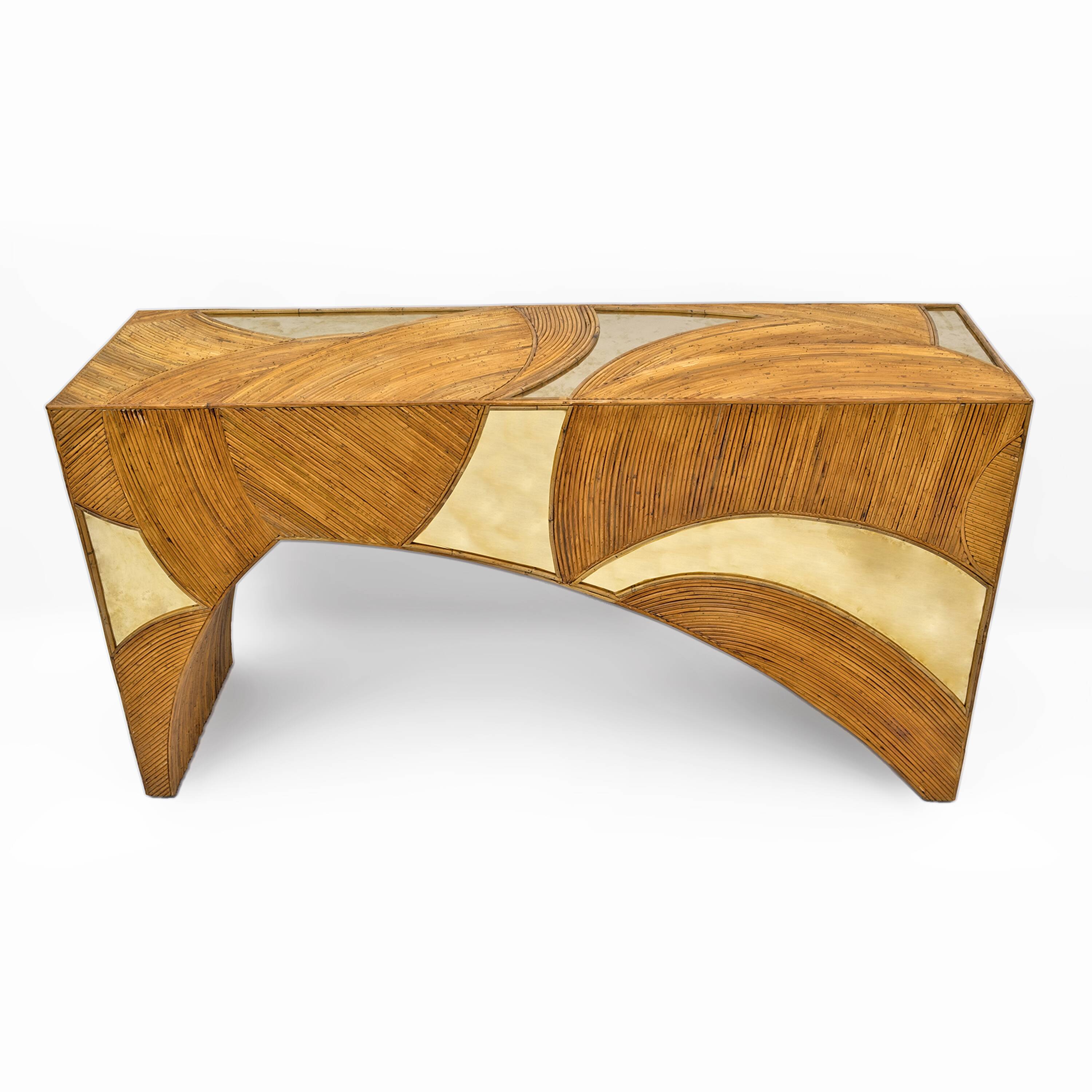 Mid-Century Modern Italian Rattan and Brass Center Console by Vivai del Sud