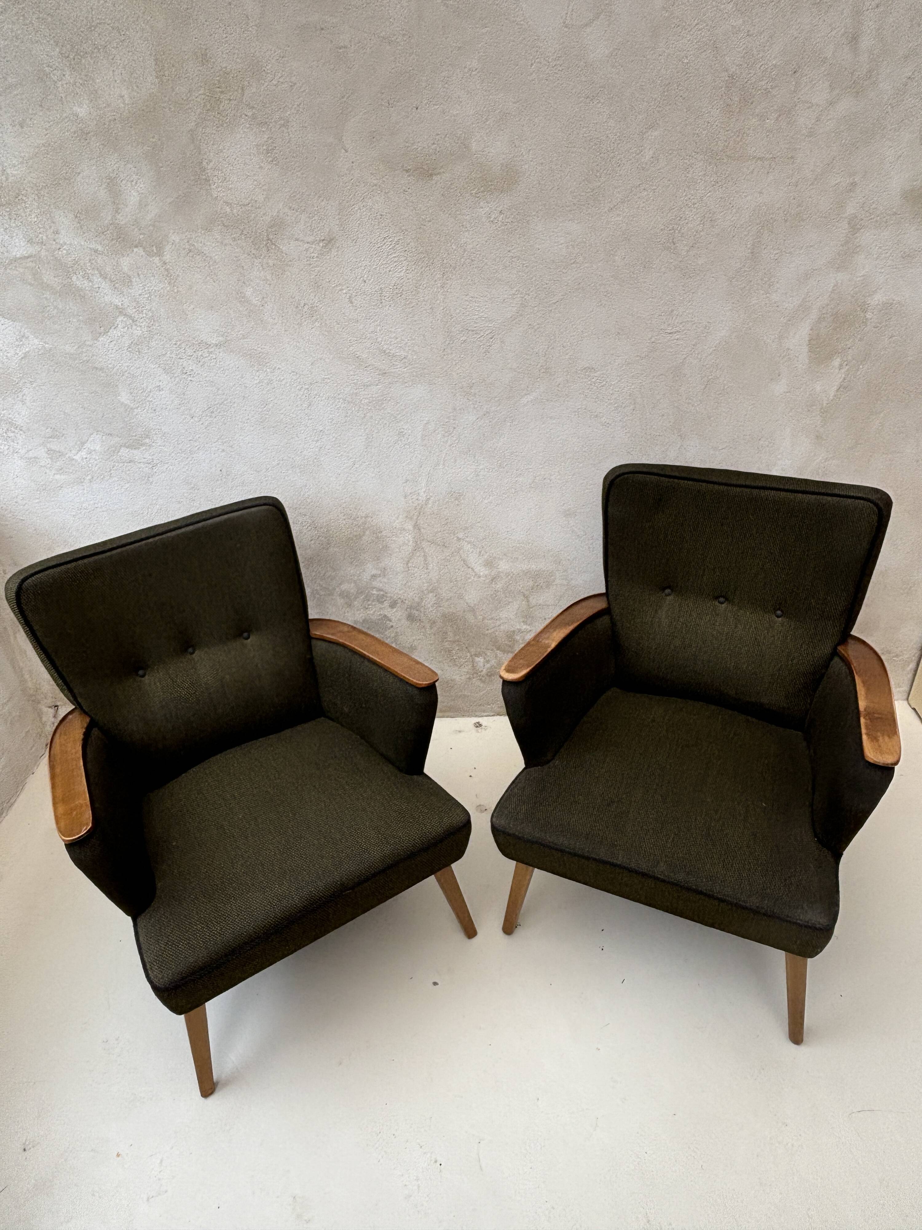Pair of vintage wooden and fabric armchairs from the 1960s.