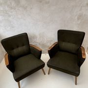 Pair of vintage wooden and fabric armchairs from the 1960s.
