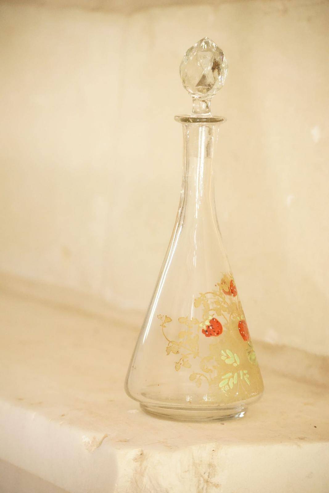 Legras (late 19th century) strawberry enamelled glass liqueur carafe.