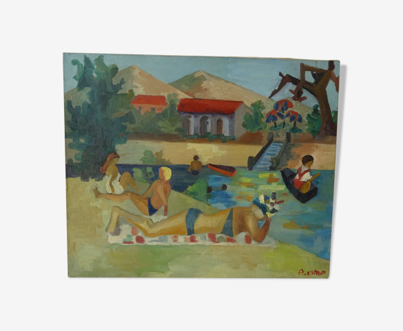 Tableau La plage animée an 60/70 Vintage