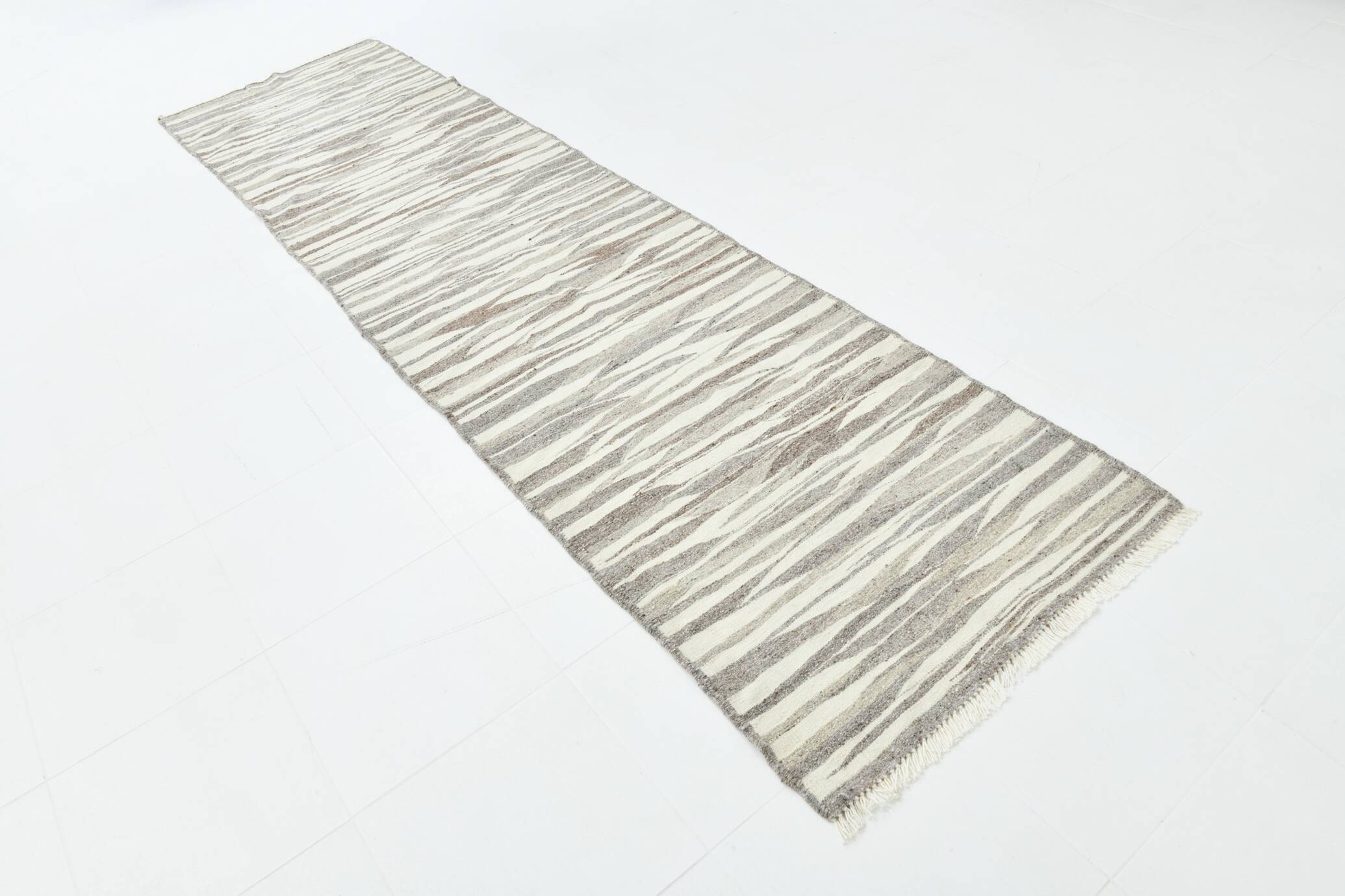 3x12 Brown & Beige Striped Vintage Kilim Runner Rug, 94x358Cm
