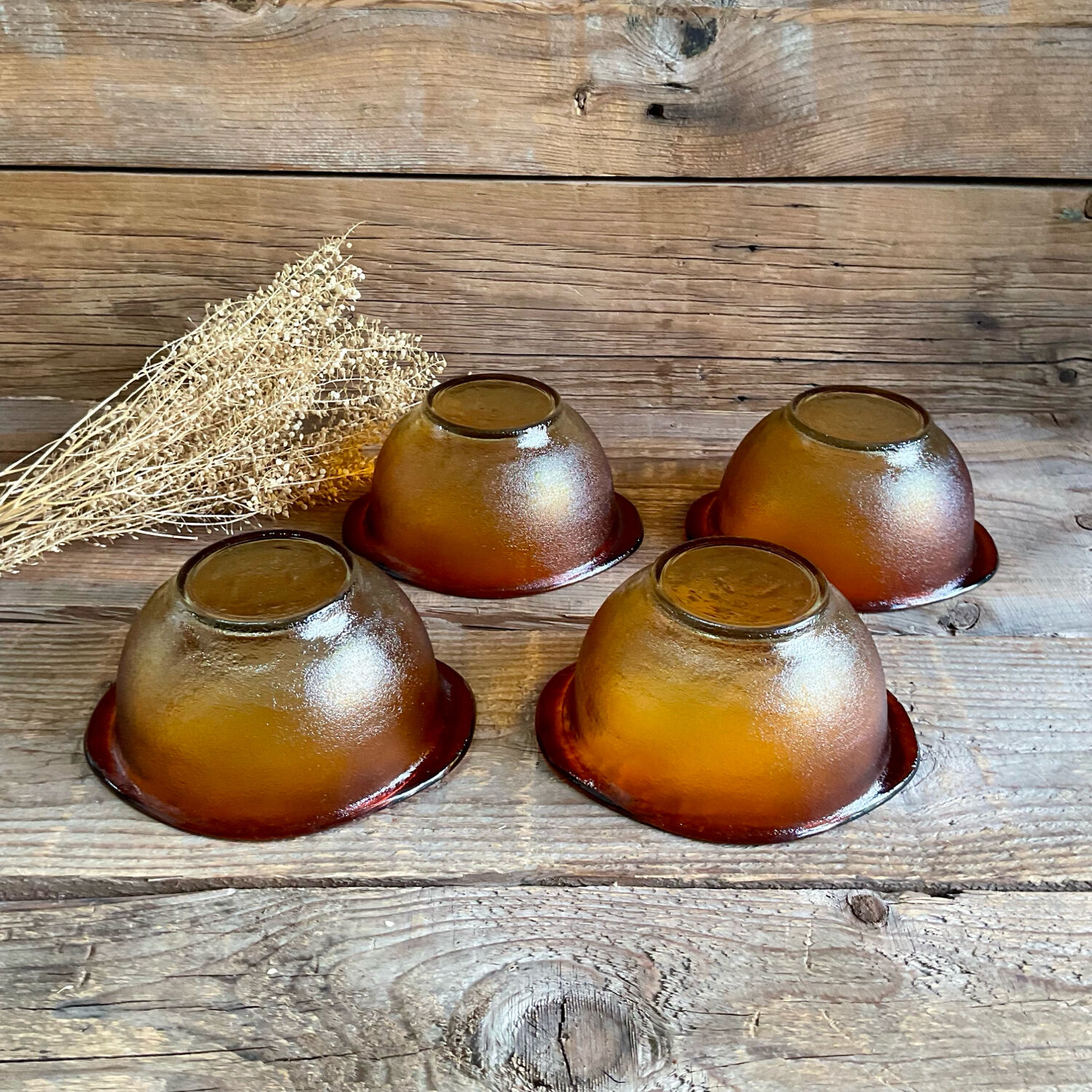 4 amber glass ear bowls