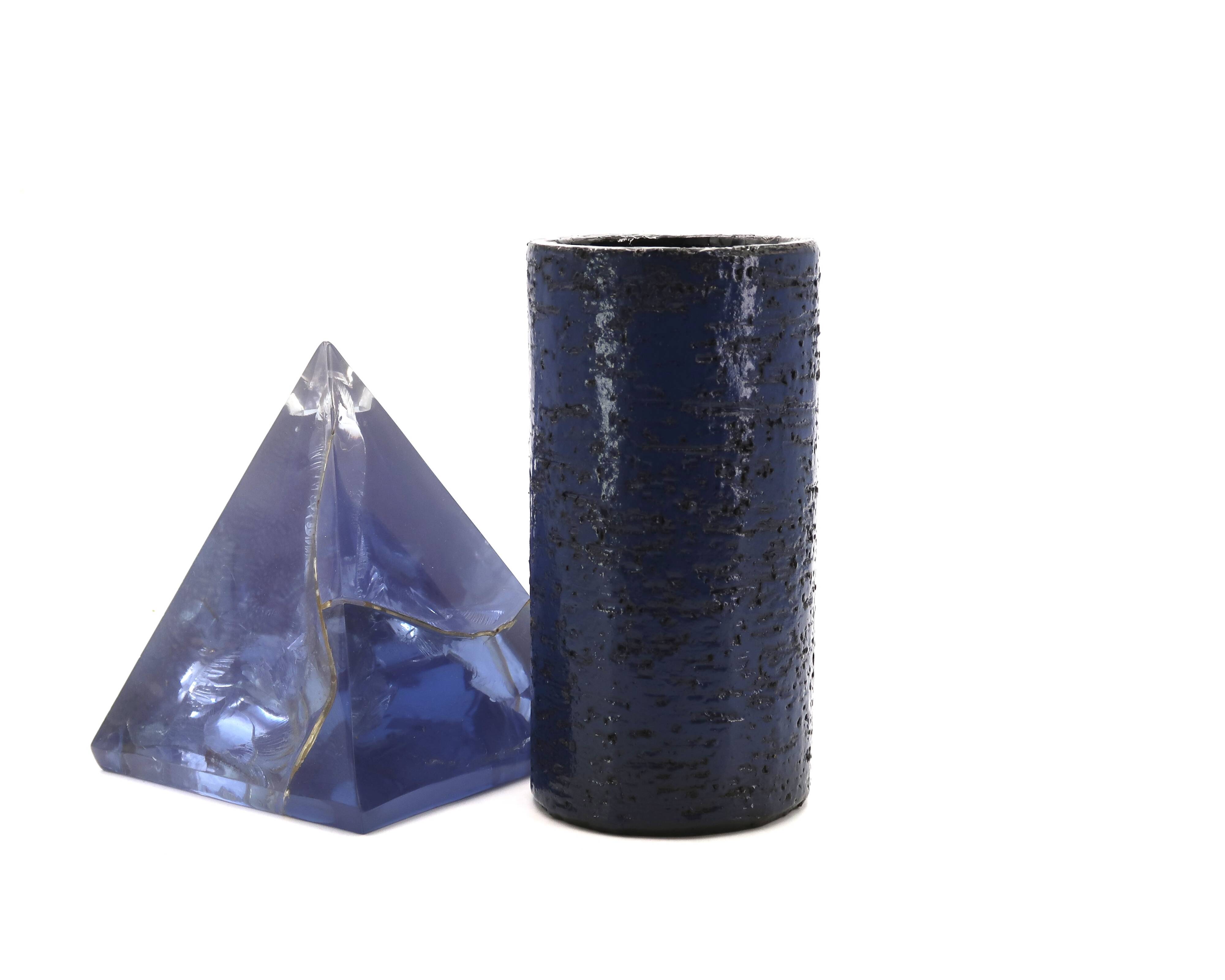 Blue chamotte ceramic roller vase, 1970s