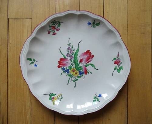 Kg luneville "street lamp" plate cake dessert earthenware hand-painted flowers ø 27 cm