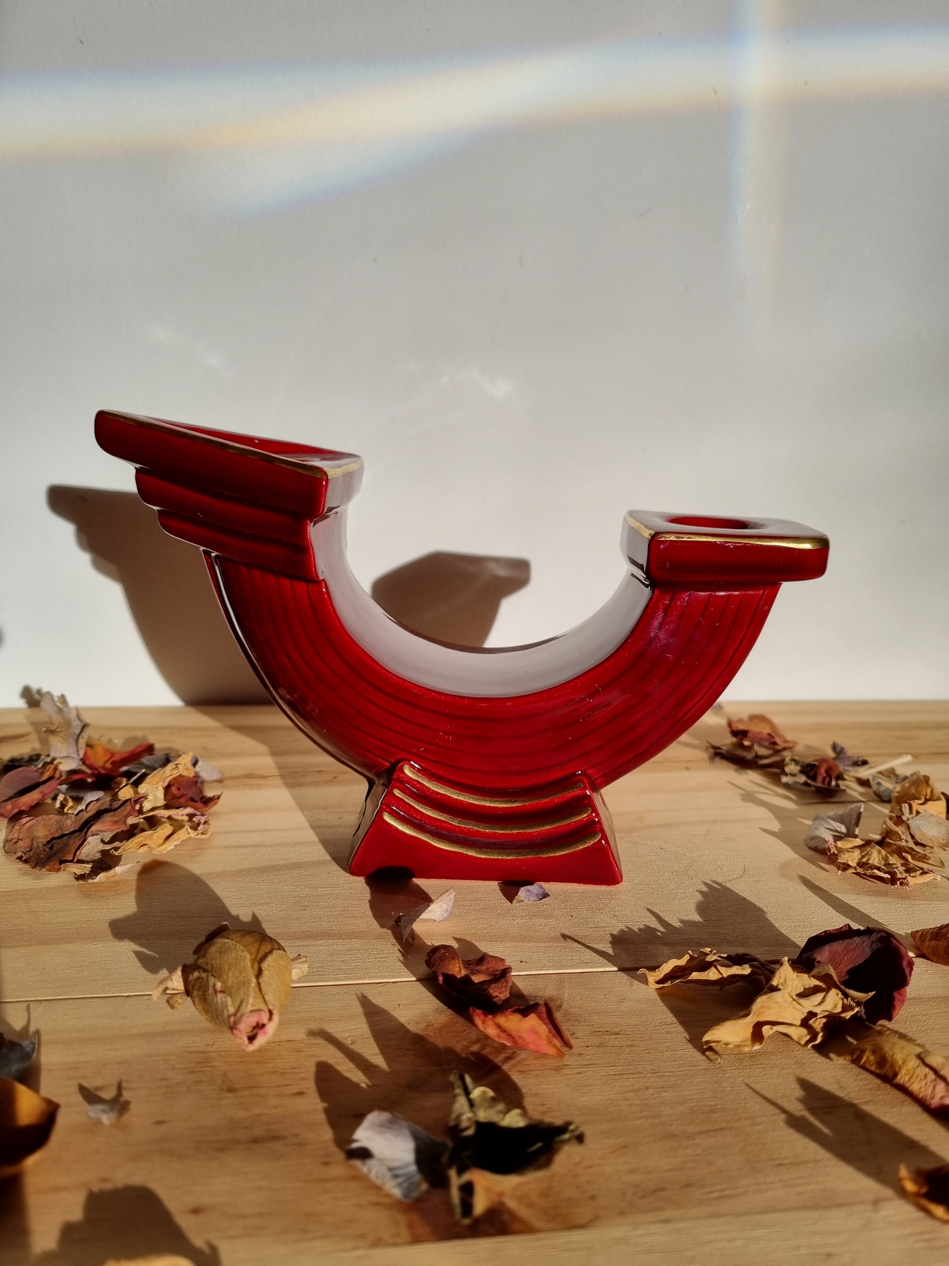 Double ceramic candle holder burgundy gilded