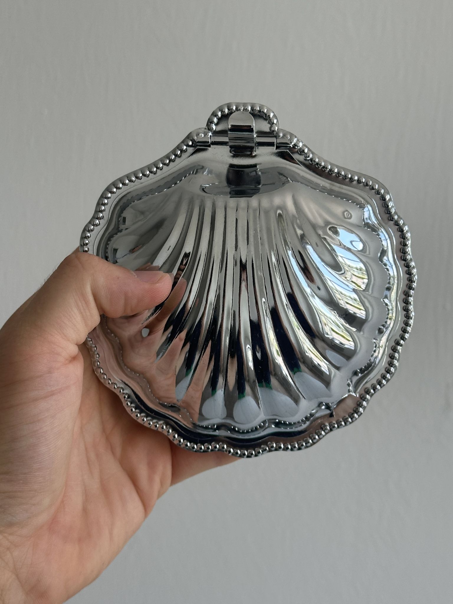 Antique shell butter dish in white glass and metal