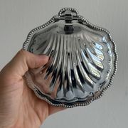 Antique shell butter dish in white glass and metal